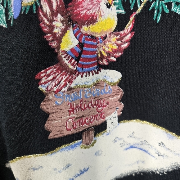 Vtg 80s Nutcracker Christmas tree birds black sweatshirt built in collar - Picture 9 of 11